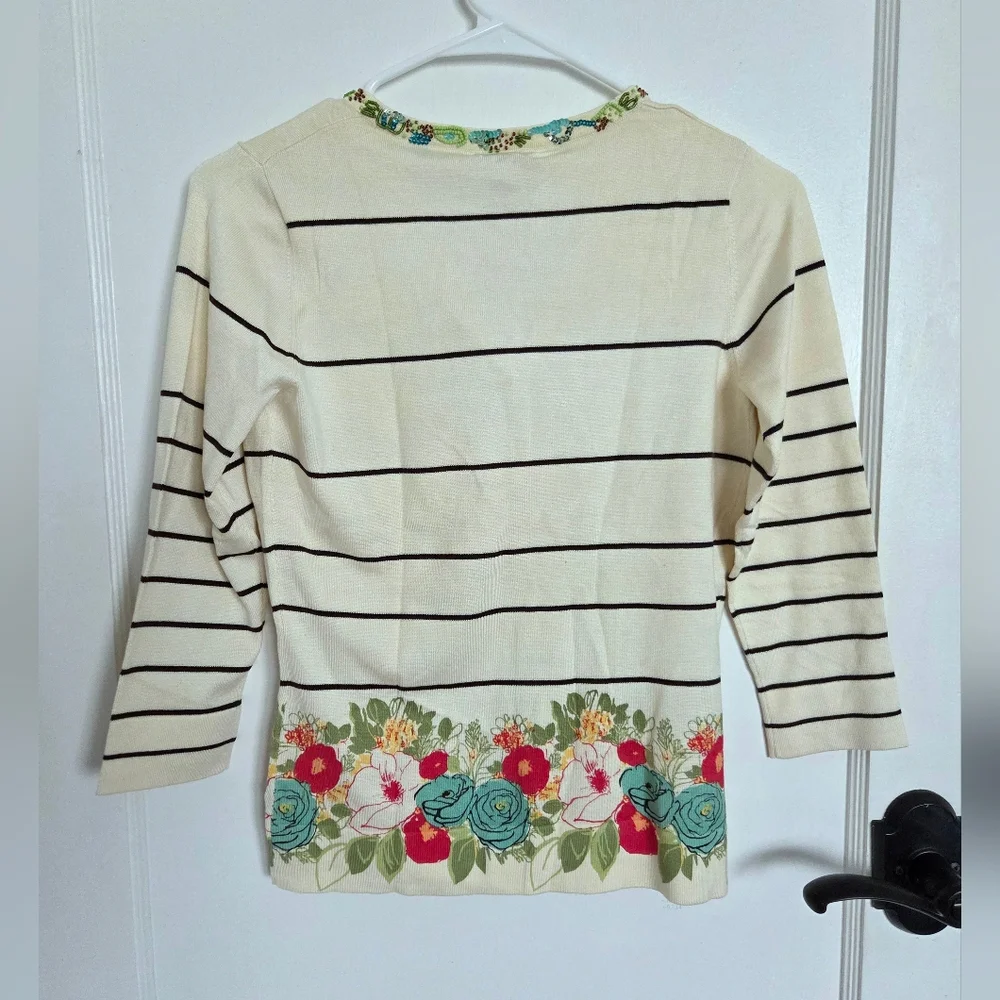 Harold’s Silk Beaded Floral Stripe‎ Cardigan Sweater Women's XS Cottagecore NEW